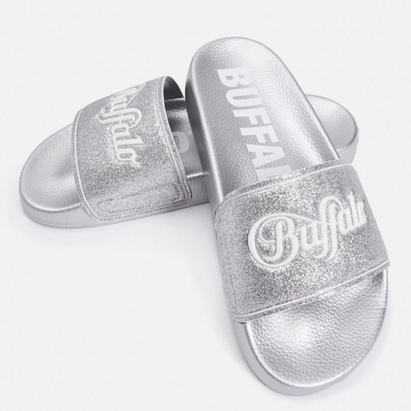 Buffalo London Silver Glitter Rio Slides Metallic Logo Strap Sandals 38 / 7.5 - Picture 3 of 8